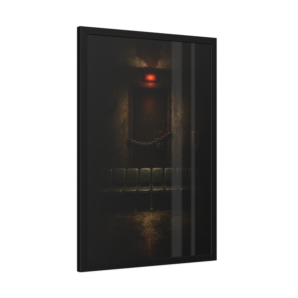 Chained waiting room door under a red exit light, empty seats below. After Closing by Garabaggio, framed fine art print hanging in a room.