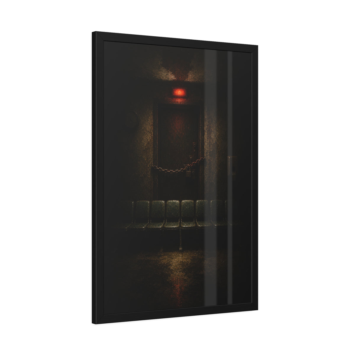 Chained waiting room door under a red exit light, empty seats below. After Closing by Garabaggio, framed fine art print hanging in a room.