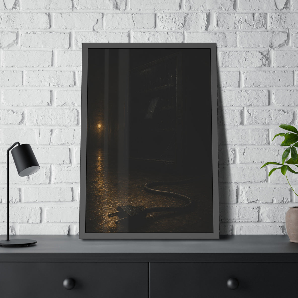 A dark vending machine with its unplugged cord lying on a wet corridor floor. The Unplugging by Garabaggio, framed fine art print hanging in a room.