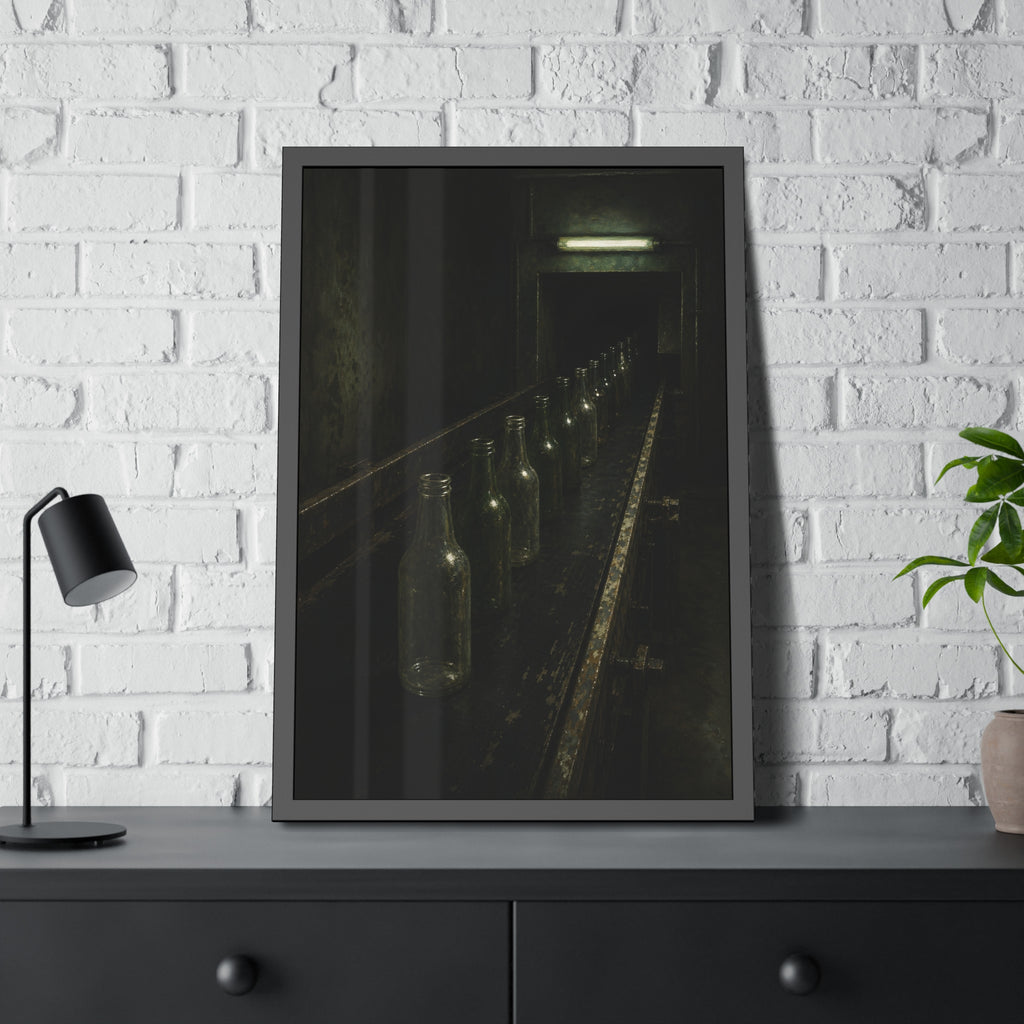 Empty glass bottles in a line on a conveyor under one fluorescent tube. The Procession of Bottles by Garabaggio, framed fine art print hanging in a room.