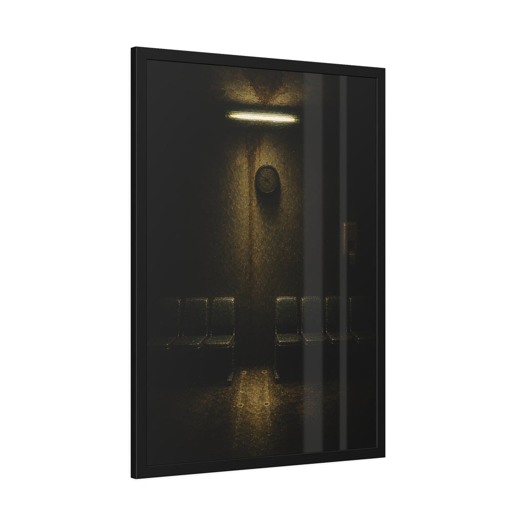 A gap in a row of waiting room chairs below a clock and one strip light. One Chair Removed by Garabaggio, framed fine art print hanging in a room.