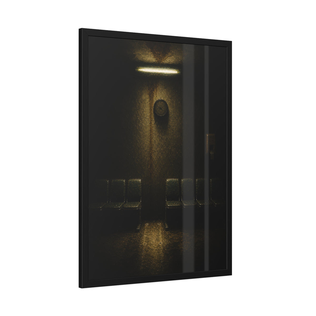 A gap in a row of waiting room chairs below a clock and one strip light. One Chair Removed by Garabaggio, framed fine art print hanging in a room.