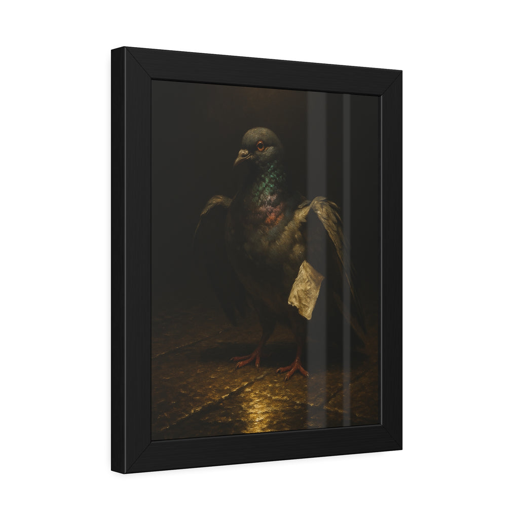 A pigeon with wings half raised, a paper scrap at its side. The Annunciation of the Common Pigeon by Garabaggio, framed fine art print hanging in a room.