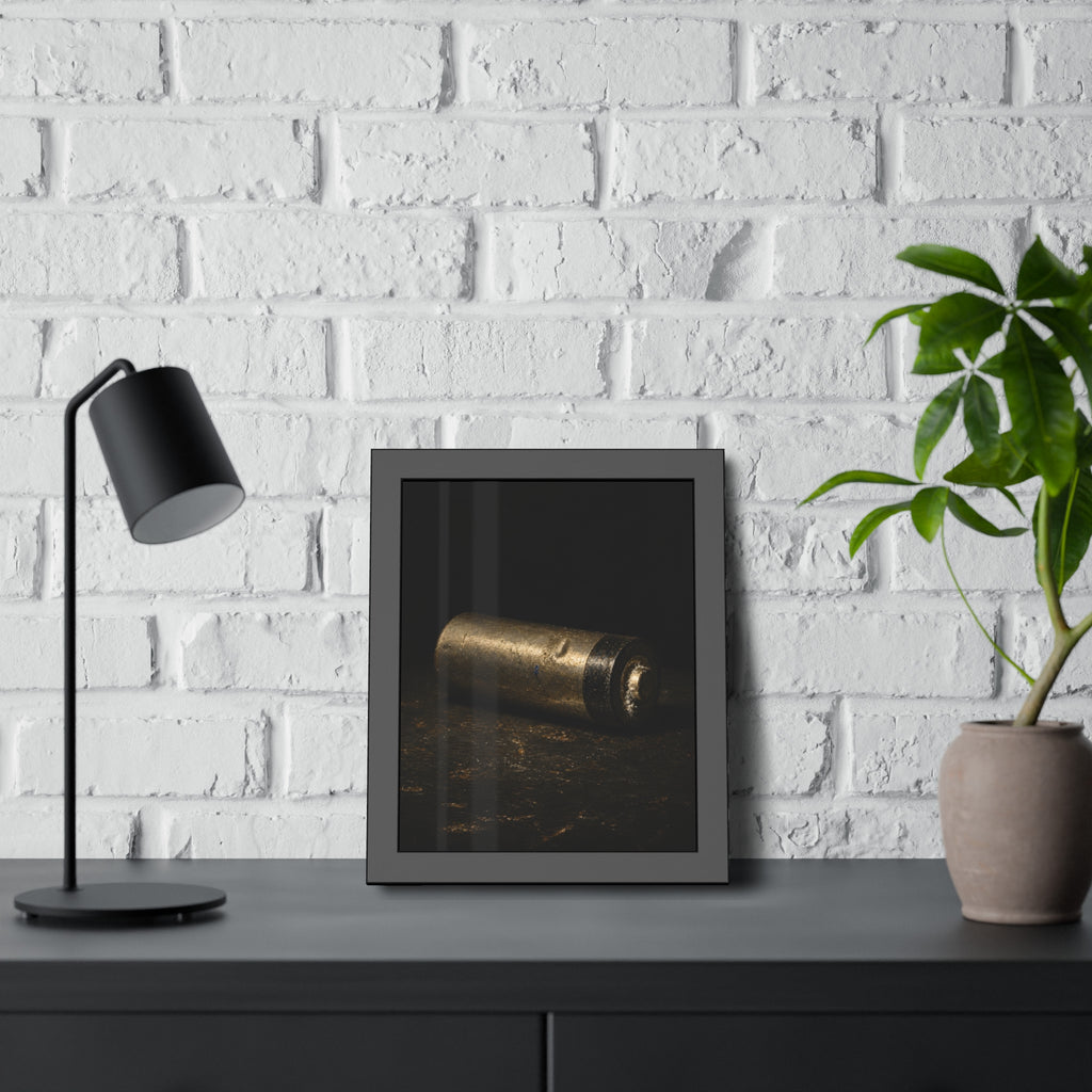A corroded AA battery lying on a dark gritty surface in a single beam. The First Exhaustion by Garabaggio, framed fine art print hanging in a room.