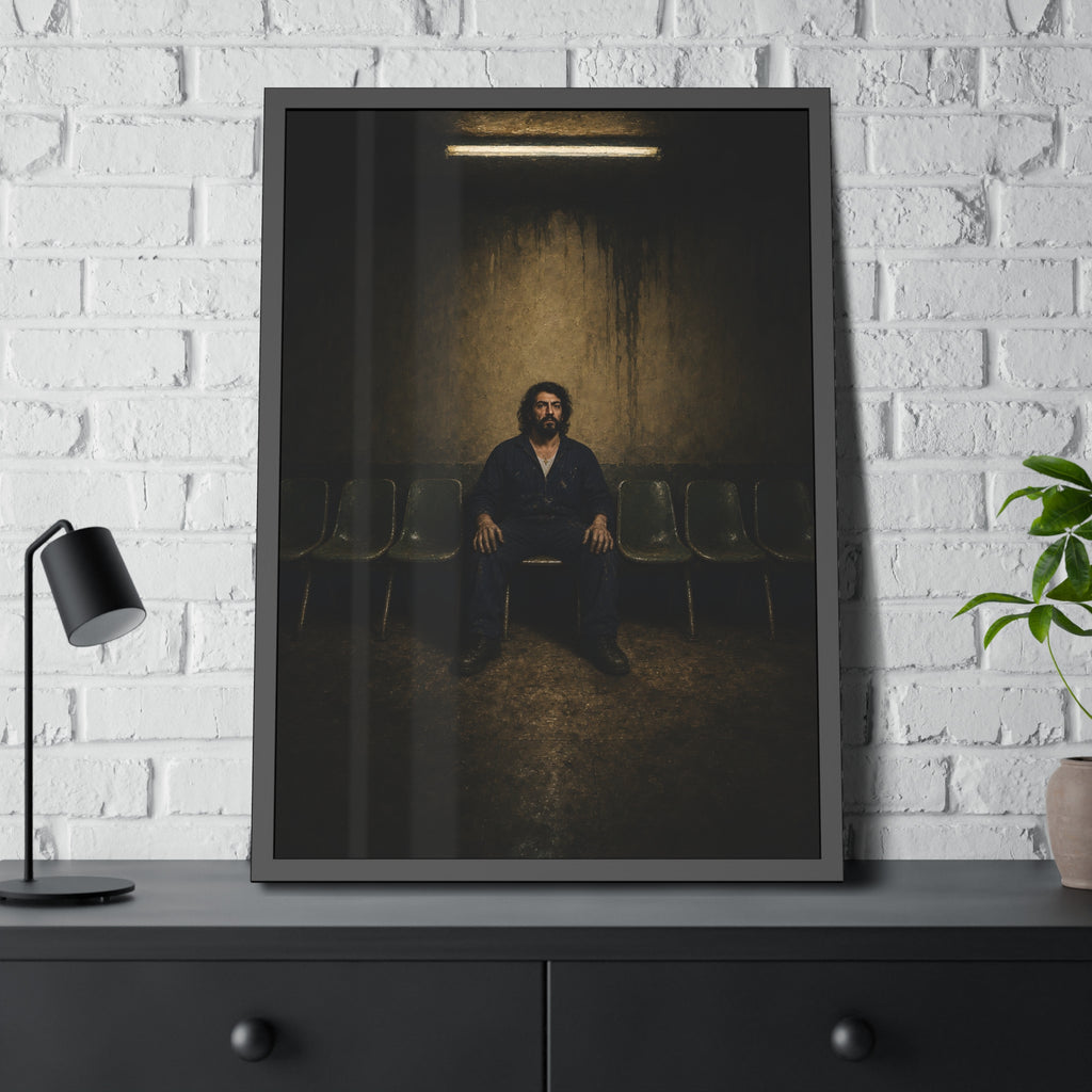 A man sits in the middle of a row of empty chairs under a wall light. Garabaggio Takes the Middle Chair by Garabaggio, framed fine art print hanging in a room.