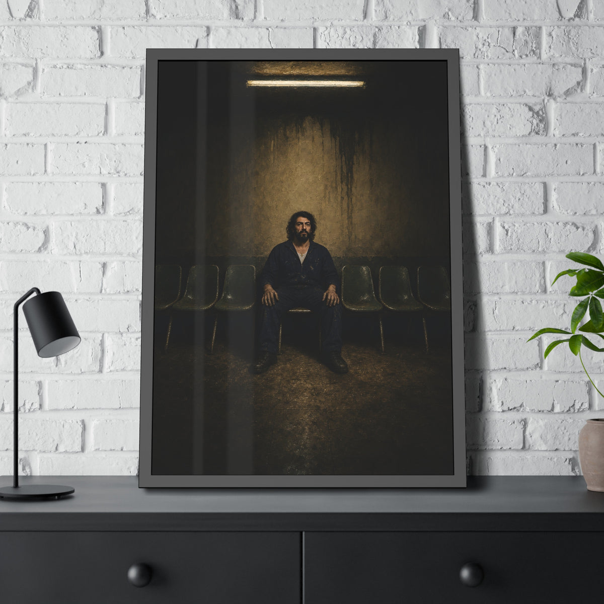 A man sits in the middle of a row of empty chairs under a wall light. Garabaggio Takes the Middle Chair by Garabaggio, framed fine art print hanging in a room.