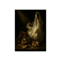 A white plastic bag standing upright in a shaft of light. The Annunciation of the Plastic Bag by Garabaggio, fine art print, 12″ x 16″.