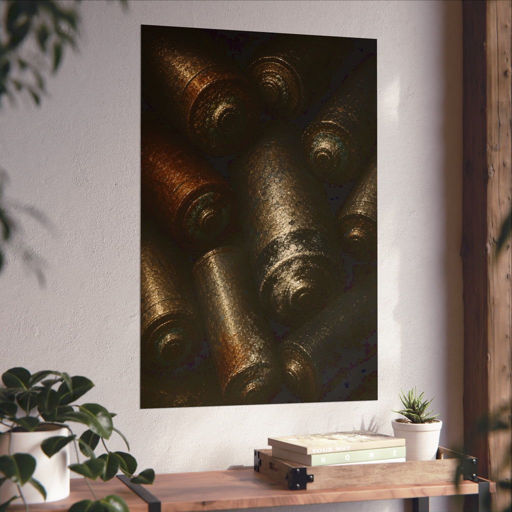 Heap of corroded batteries filling the frame in dim raking light. Chorus of Corrosion by Garabaggio, fine art print hanging in a room.