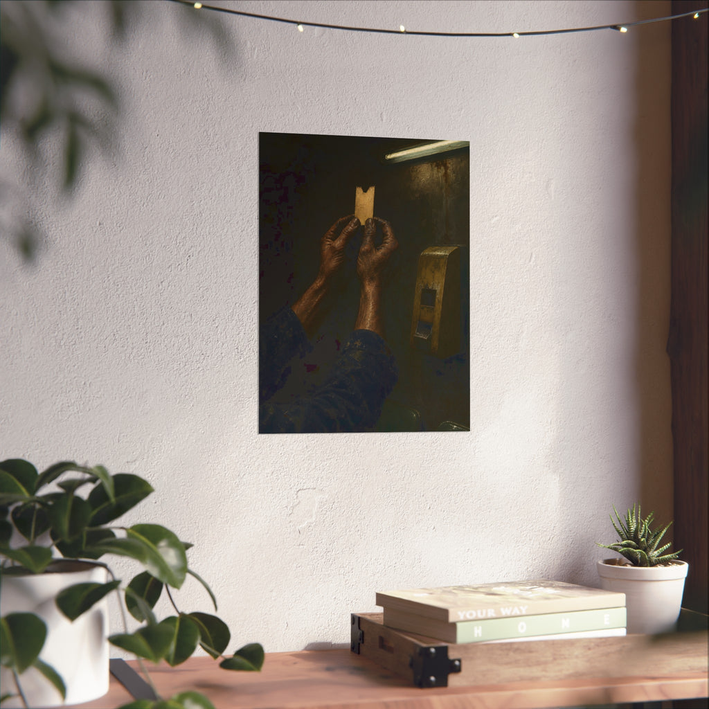 Weathered hands holding a paper queue ticket under a fluorescent tube. The First Number by Garabaggio, fine art print hanging in a room.