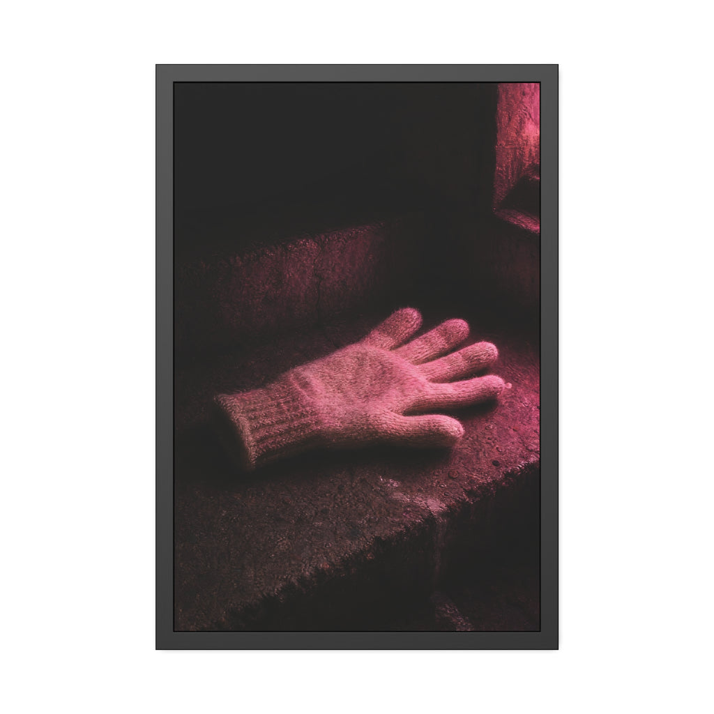 A knitted glove lying flat on a concrete step under pink light. The Vigil in Pink Light by Garabaggio, framed fine art print hanging in a room.