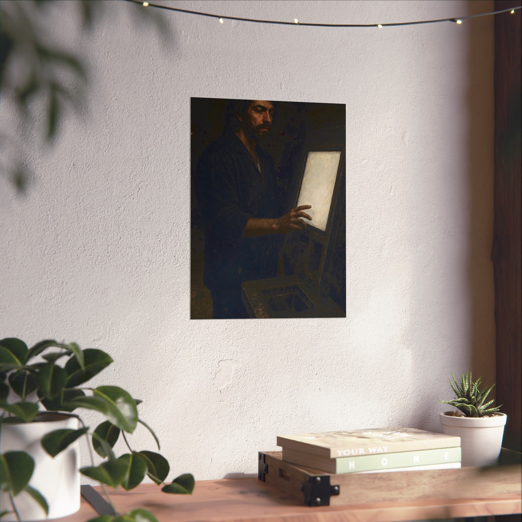 A bearded man in coveralls touching a glowing checkout screen. The Invitation to Begin by Garabaggio, fine art print hanging in a room.