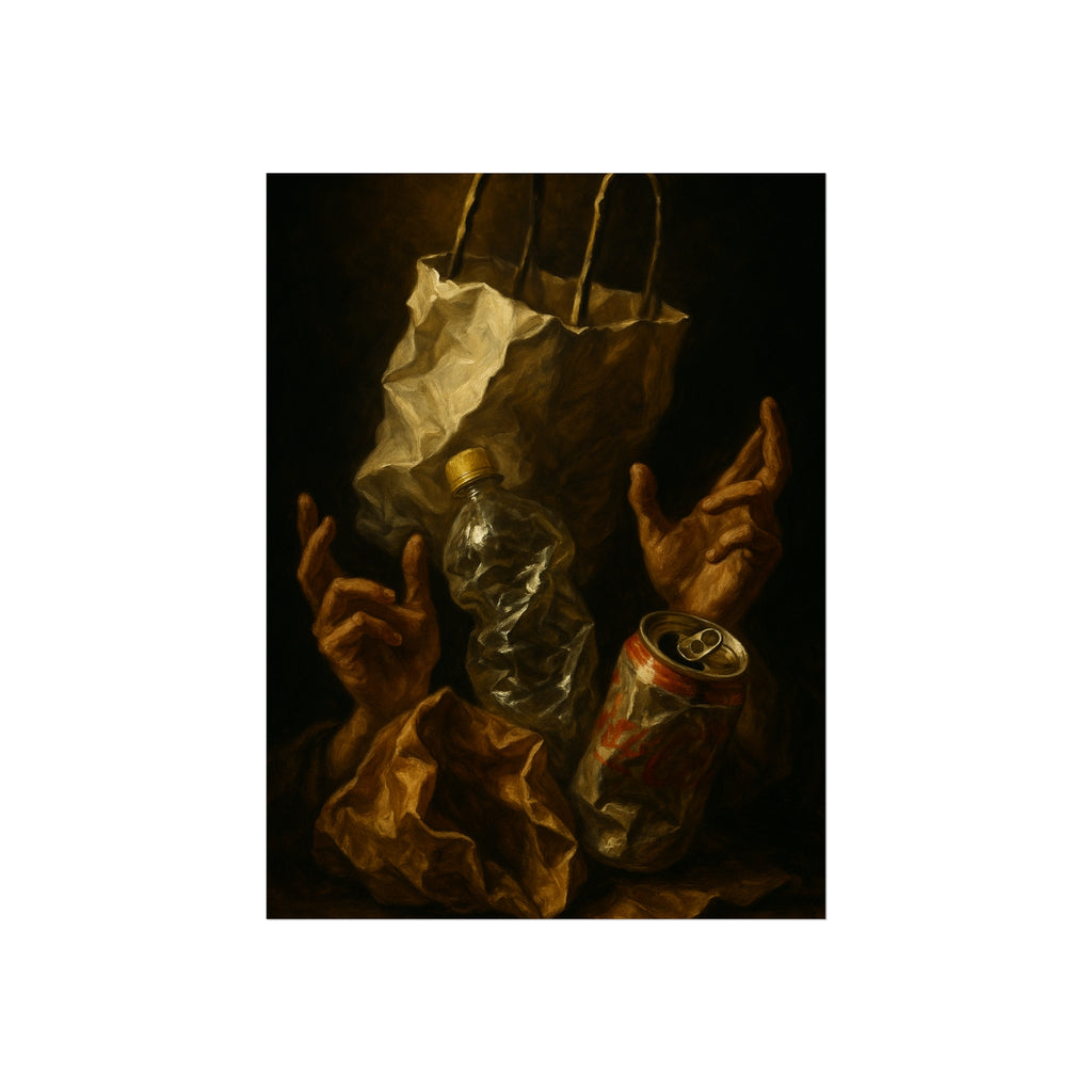 Two hands raised beside a paper bag, crushed bottle and dented can. The Assumption of the Discarded by Garabaggio, fine art print hanging in a room.