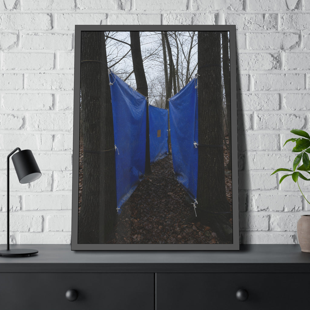 Blue tarps tied between bare trees forming a corridor over dead leaves. Passage Between Trees by Garabaggio, framed fine art print hanging in a room.
