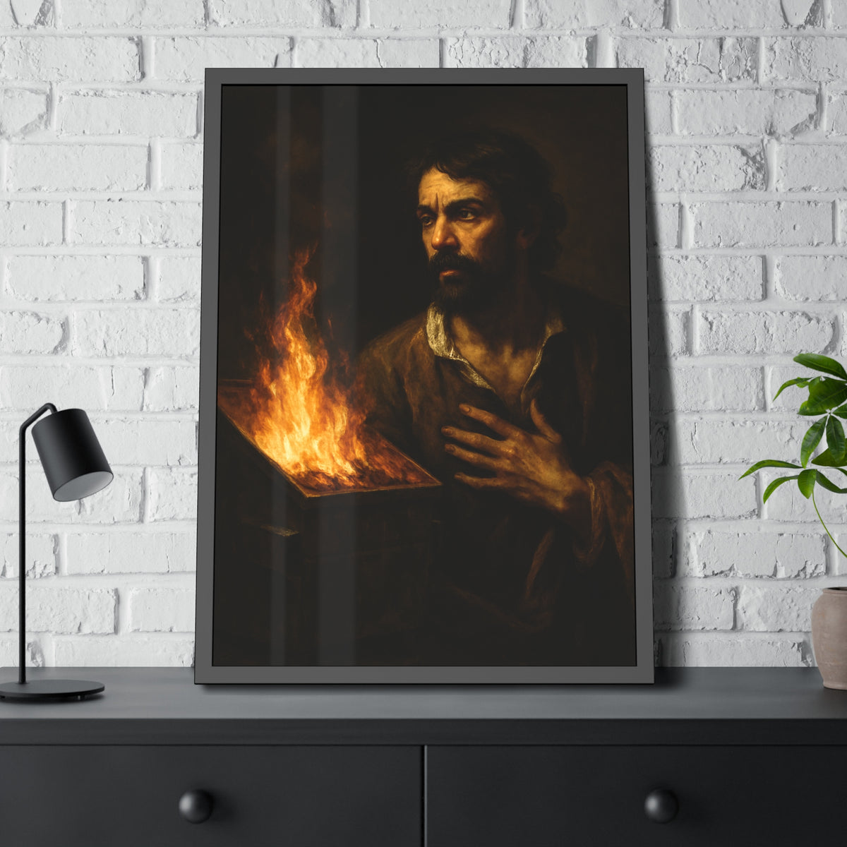 Man with a hand flat on his chest looking toward a low burning bin. Self-Portrait with Oath by Garabaggio, framed fine art print hanging in a room.