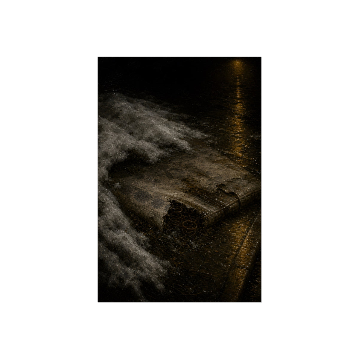 A soaked mattress in melting snow at the curb beside a wet street. The Thaw by Garabaggio, fine art print, 24″ x 36″.