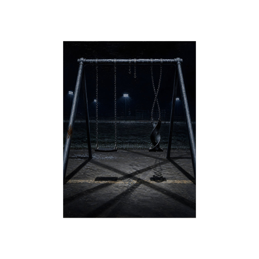 An empty swing set at night with one seat twisted up on its chains. The First Hour: The Twisted Seat by Garabaggio, fine art print, 12″ x 16″.