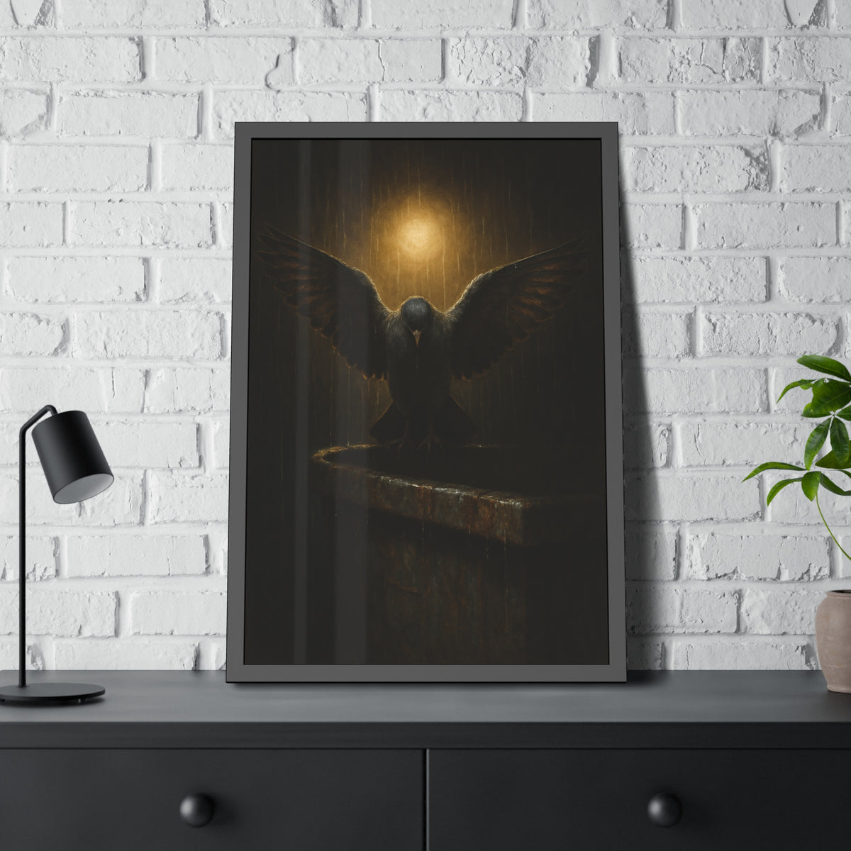 A pigeon with wings spread on a dumpster rim under a lamp in the rain. The Passion (Study in Rain) by Garabaggio, framed fine art print hanging in a room.