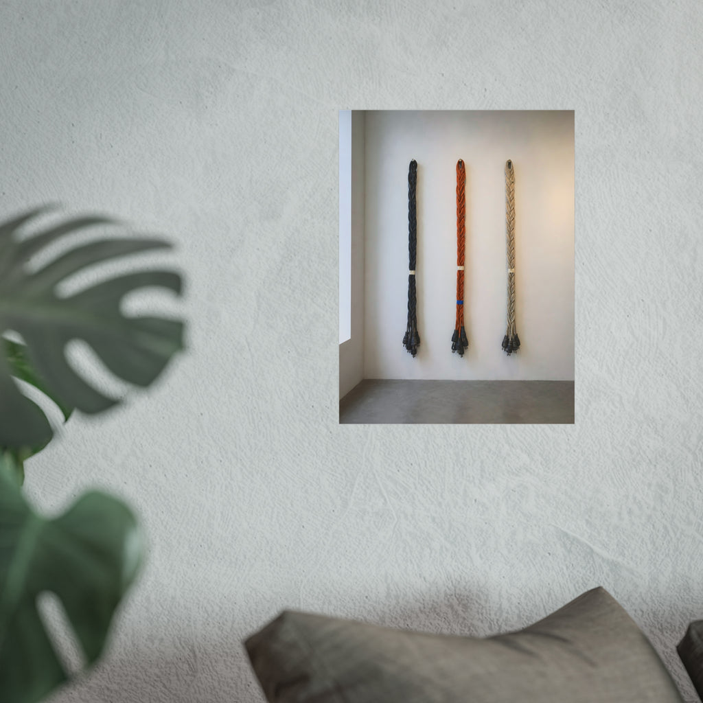Three braided bundles of extension cords hung on a white gallery wall. The Braided Triptych by Garabaggio, fine art print hanging in a room.