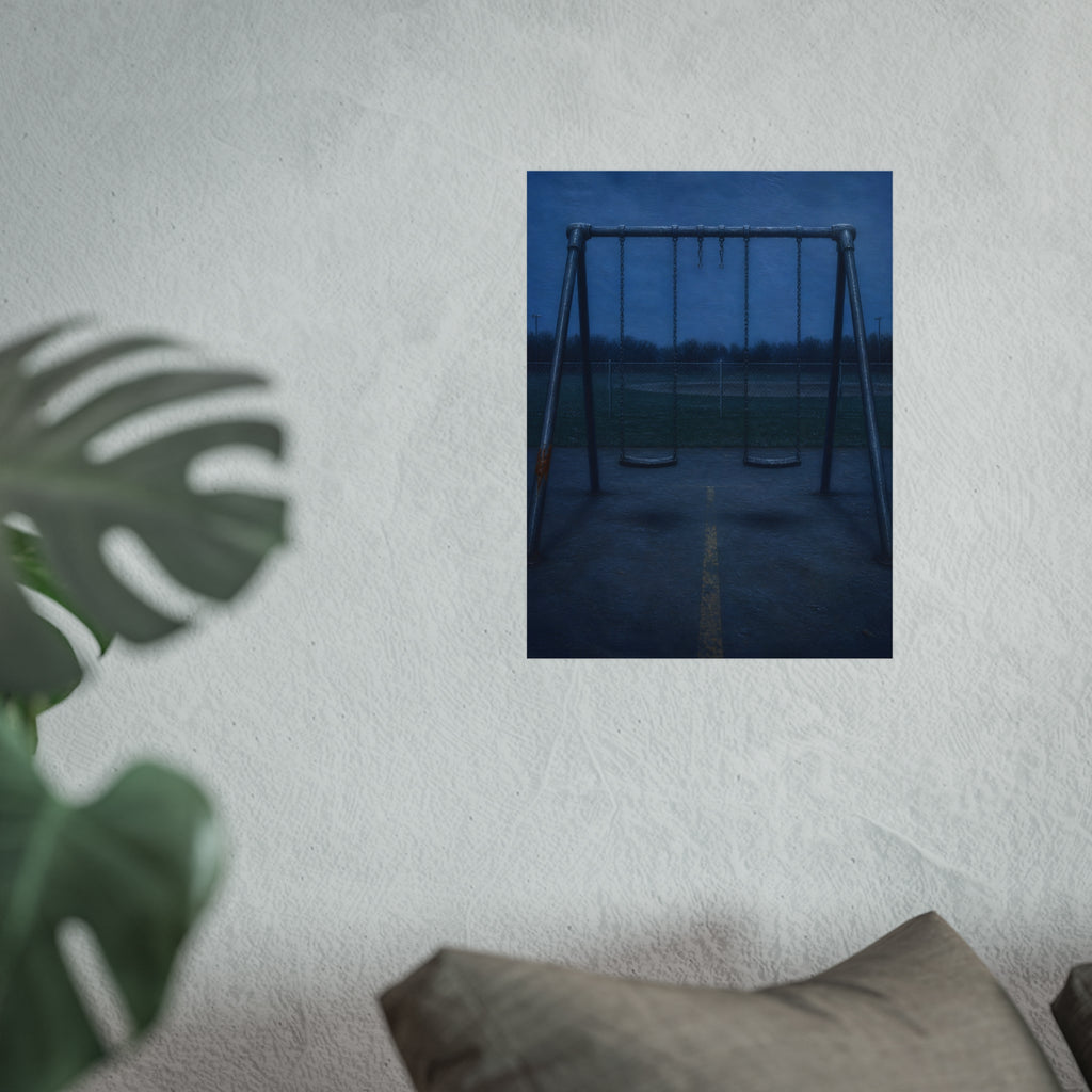 A swing set at dusk with two seats hanging straight. The Sixth Hour: The Seat Hanging Straight by Garabaggio, fine art print hanging in a room.