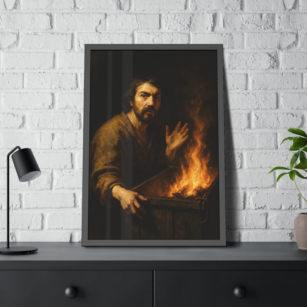 Man gripping the edge of a burning dumpster with one hand raised. Self-Portrait at 3:40 AM by Garabaggio, framed fine art print hanging in a room.