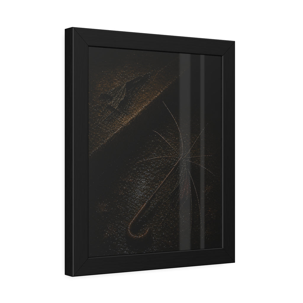 A stripped umbrella frame on wet pavement, its fabric torn away. The Stripping of the Canopy by Garabaggio, framed fine art print hanging in a room.