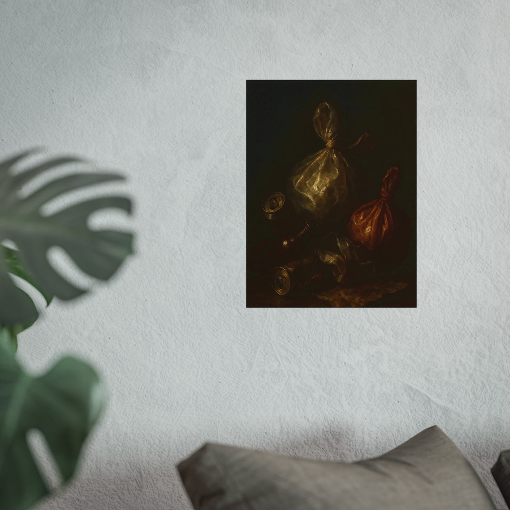 Two knotted plastic bags and crushed cans on a dark table. The Knotted Offering by Garabaggio, fine art print hanging in a room.