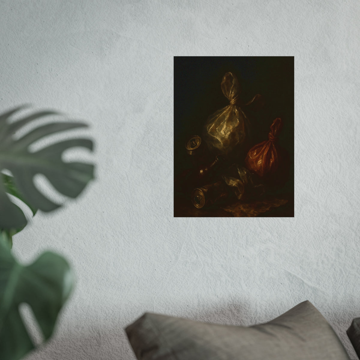 Two knotted plastic bags and crushed cans on a dark table. The Knotted Offering by Garabaggio, fine art print hanging in a room.