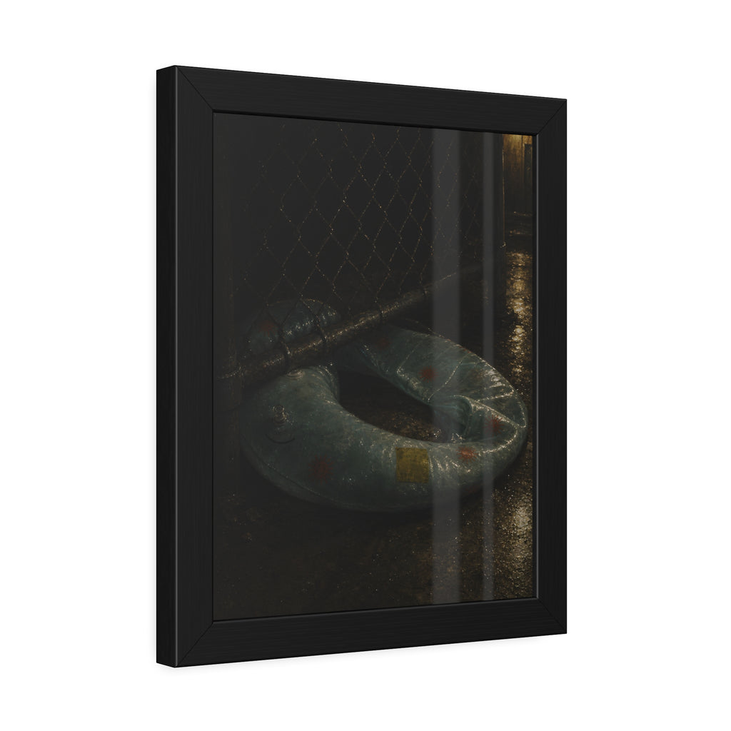 A deflated ring float pushed under a chain link fence in a wet alley. The Escape Beneath the Fence by Garabaggio, framed fine art print hanging in a room.