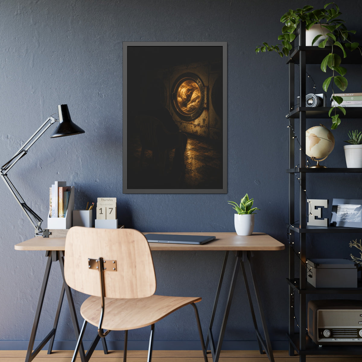 A person seated in a plastic chair facing a lit dryer drum. The Watcher in the Plastic Chair by Garabaggio, framed fine art print hanging in a room.