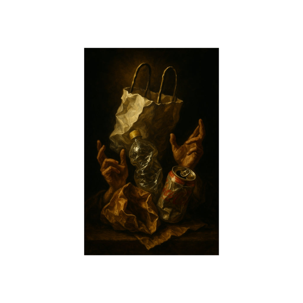 Two hands raised beside a paper bag, crushed bottle and dented can. The Assumption of the Discarded by Garabaggio, fine art print hanging in a room.