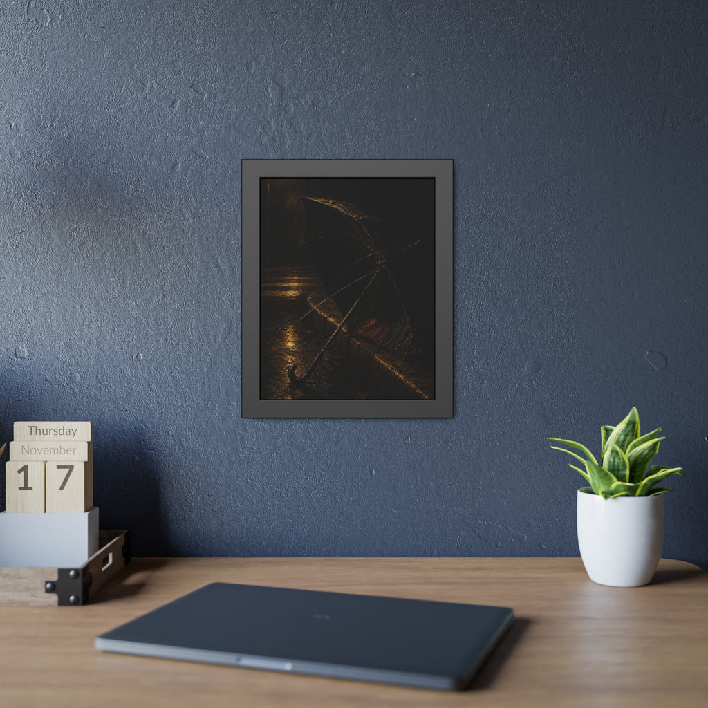 An open umbrella with bent ribs on a wet curb under a street lamp. The Presentation at the Crosswalk by Garabaggio, framed fine art print hanging in a room.