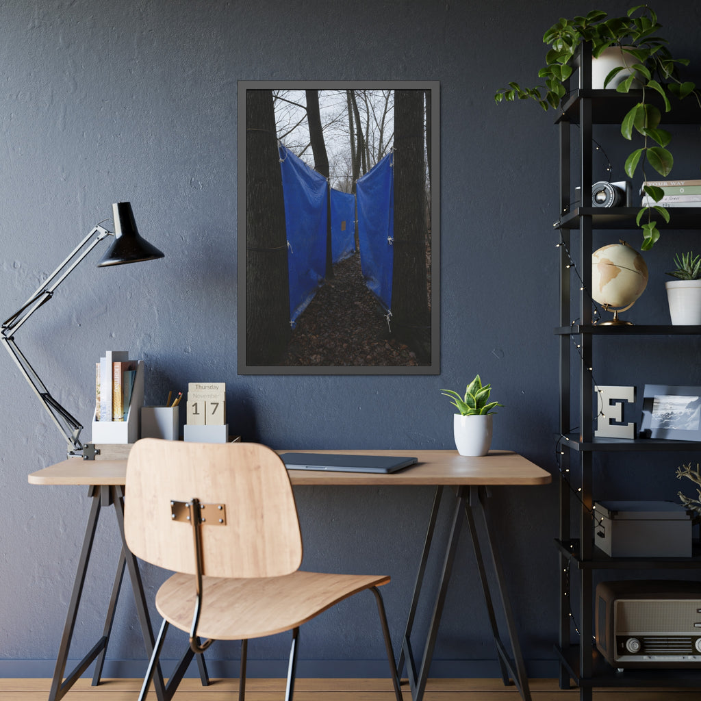 Blue tarps tied between bare trees forming a corridor over dead leaves. Passage Between Trees by Garabaggio, framed fine art print hanging in a room.