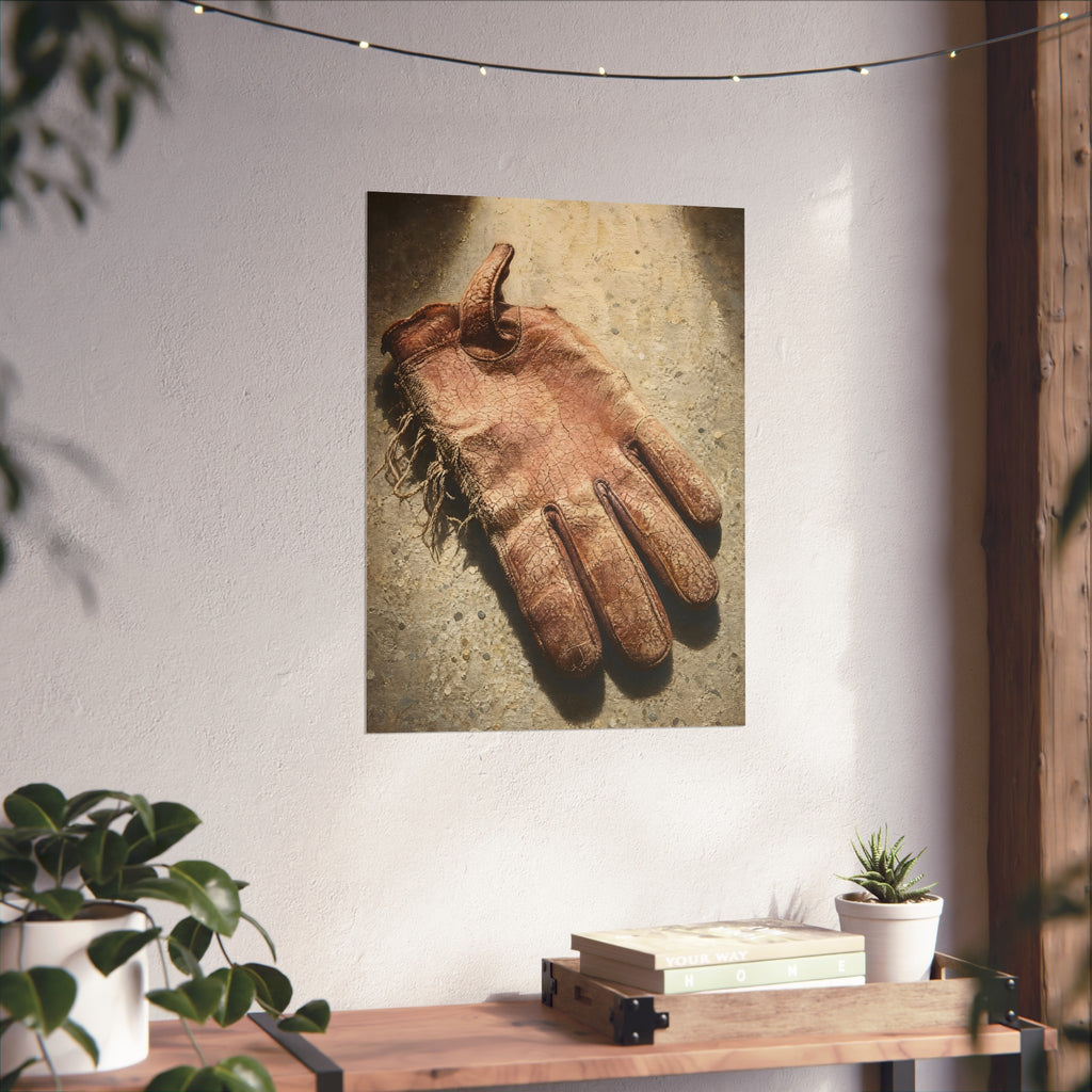 A cracked leather work glove lying on bright sunlit concrete. The Bleaching, Study of a Sun-Tired Glove by Garabaggio, fine art print hanging in a room.
