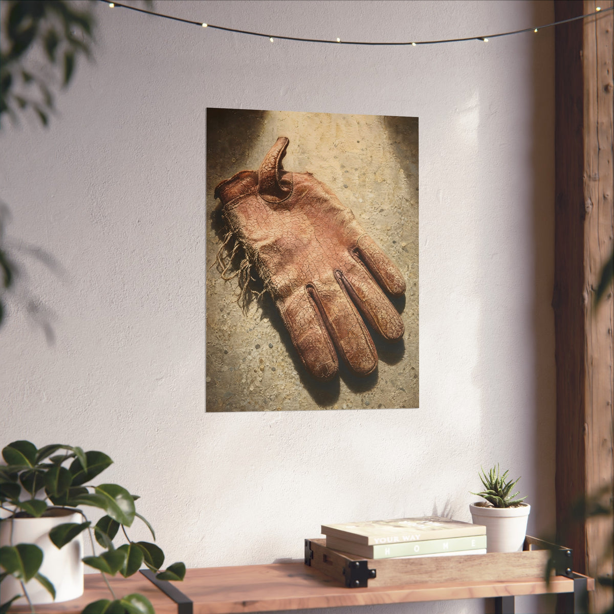 A cracked leather work glove lying on bright sunlit concrete. The Bleaching, Study of a Sun-Tired Glove by Garabaggio, fine art print hanging in a room.