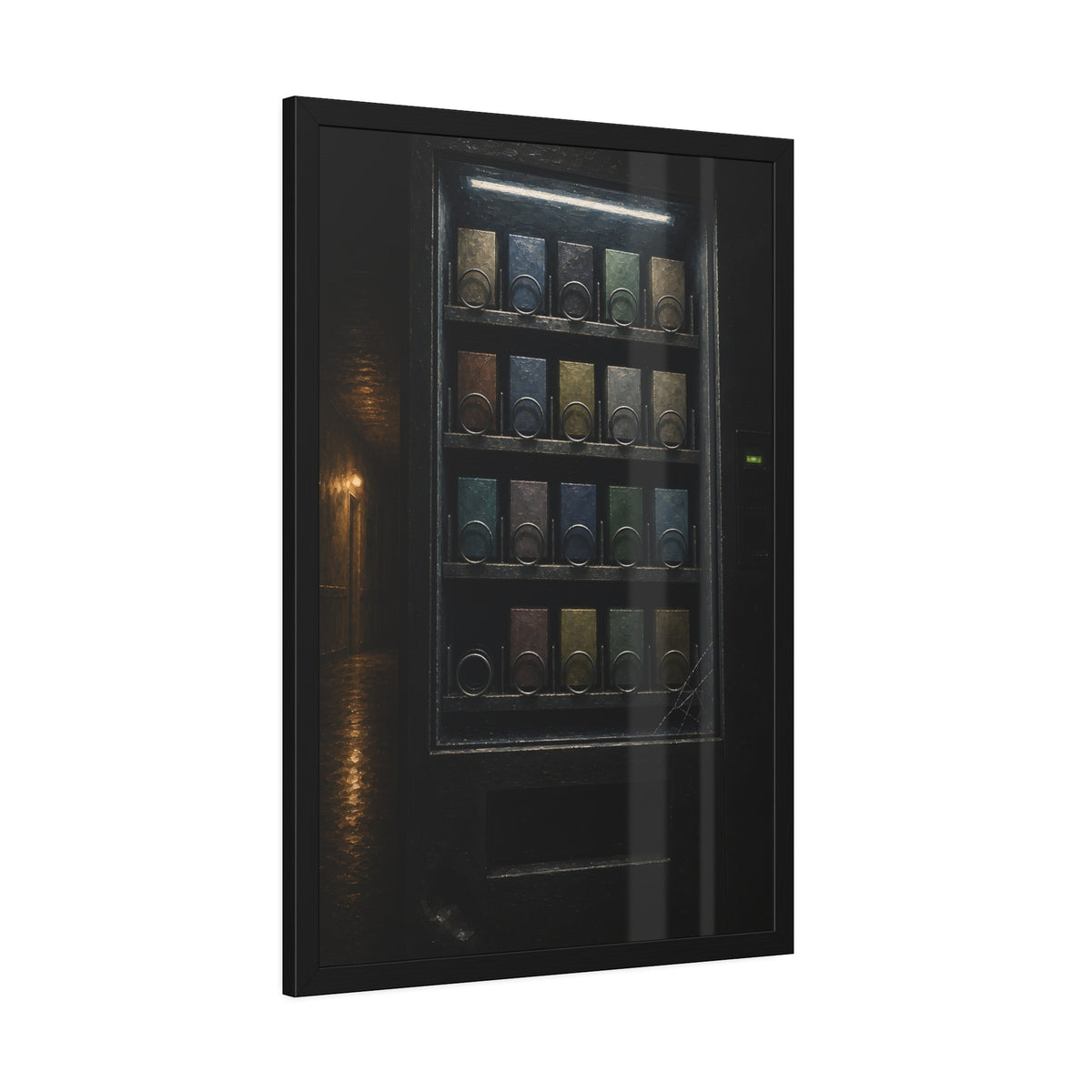 Rows of coils behind the lit glass of a vending machine in a dark hall. The First Empty Spiral by Garabaggio, framed fine art print hanging in a room.