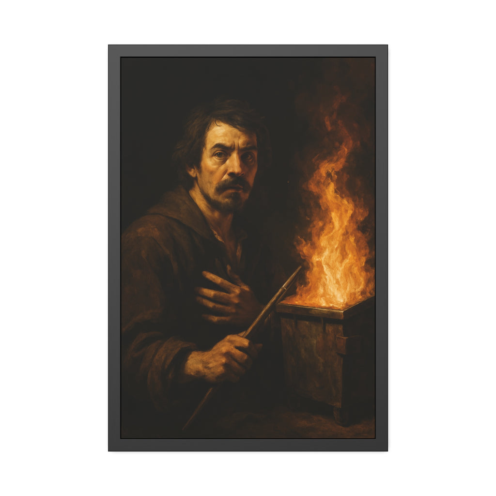 Man holding a long wooden stick, hand on chest, before a burning bin. Self-Portrait with Mahlstick by Garabaggio, framed fine art print hanging in a room.