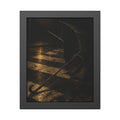 A blown out umbrella lying on wet checkered pavement under a street lamp. The Taking by the Wind by Garabaggio, framed fine art print, 11″ x 14″.