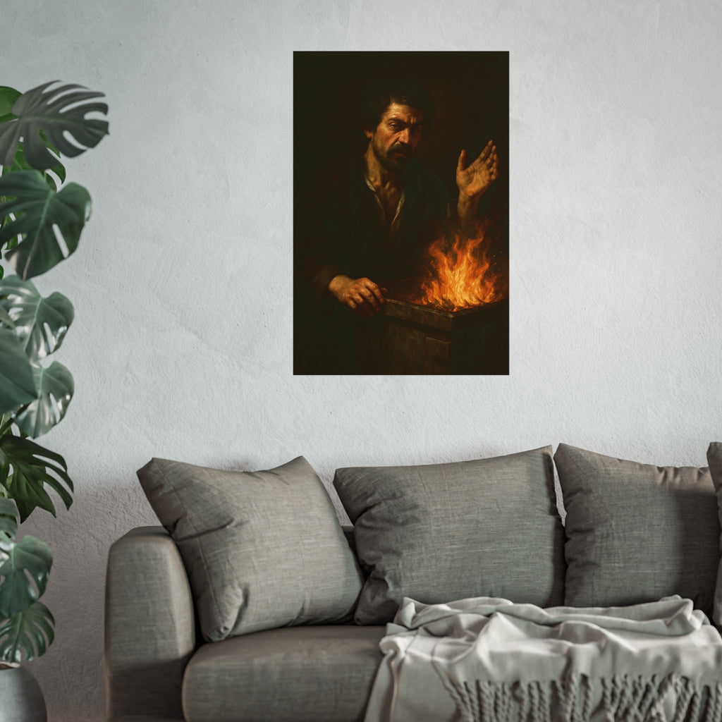 Man holding one hand high over the flames of an open burning bin. Self-Portrait Commanding the Light by Garabaggio, fine art print hanging in a room.