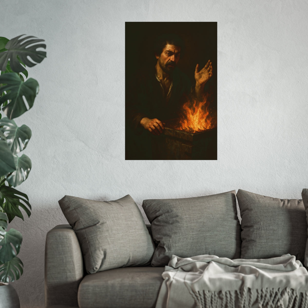 Man holding one hand high over the flames of an open burning bin. Self-Portrait Commanding the Light by Garabaggio, fine art print hanging in a room.