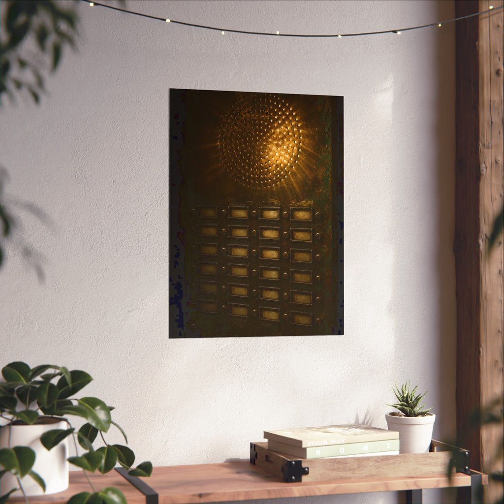 Light glowing through an intercom speaker grille above rows of buttons. Voice Through Perforations by Garabaggio, fine art print hanging in a room.
