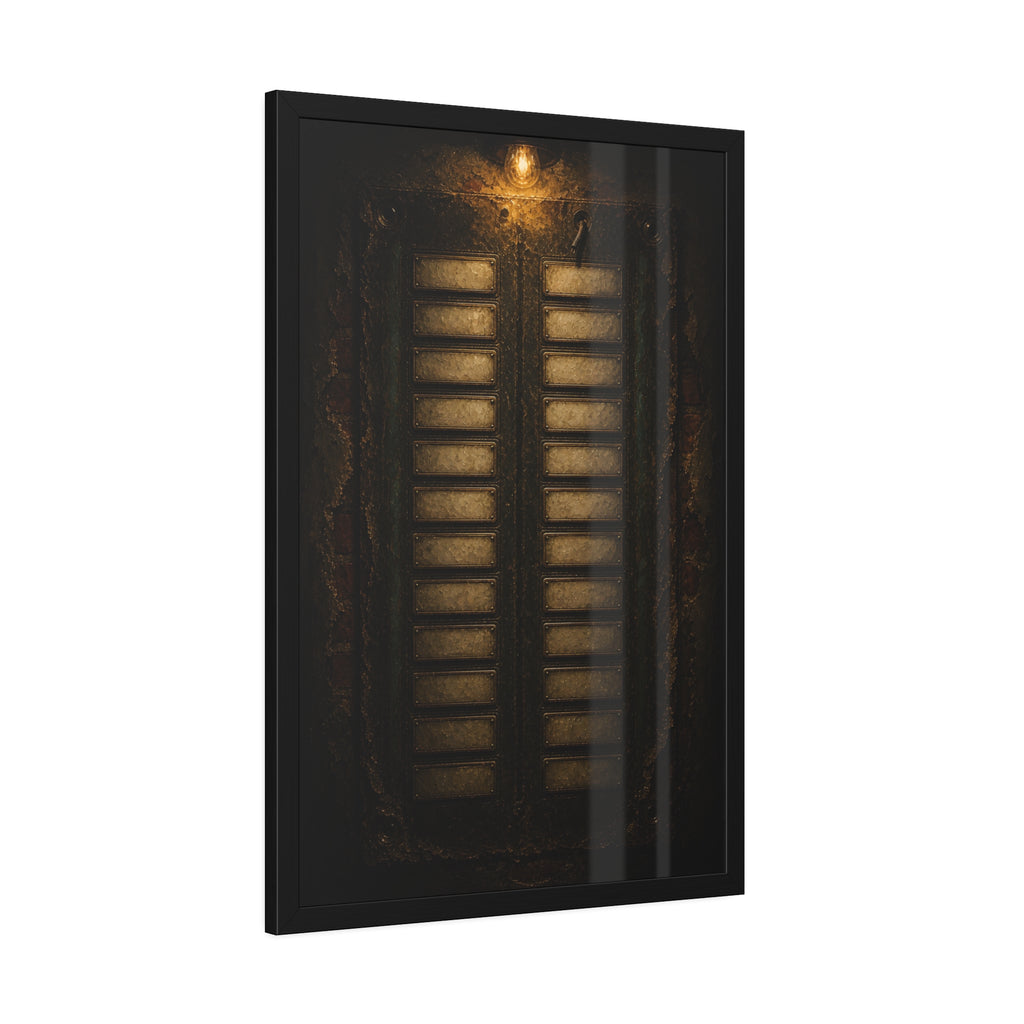 An intercom panel of blank name slots on a weathered building wall. The Names Behind Brass by Garabaggio, framed fine art print hanging in a room.