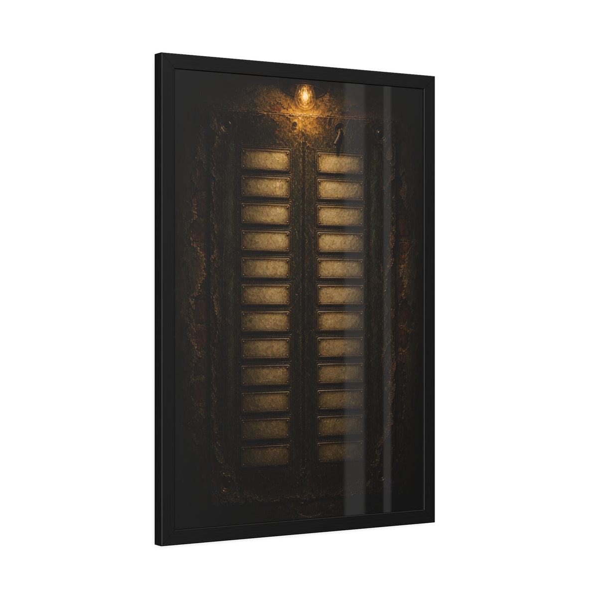 An intercom panel of blank name slots on a weathered building wall. The Names Behind Brass by Garabaggio, framed fine art print hanging in a room.