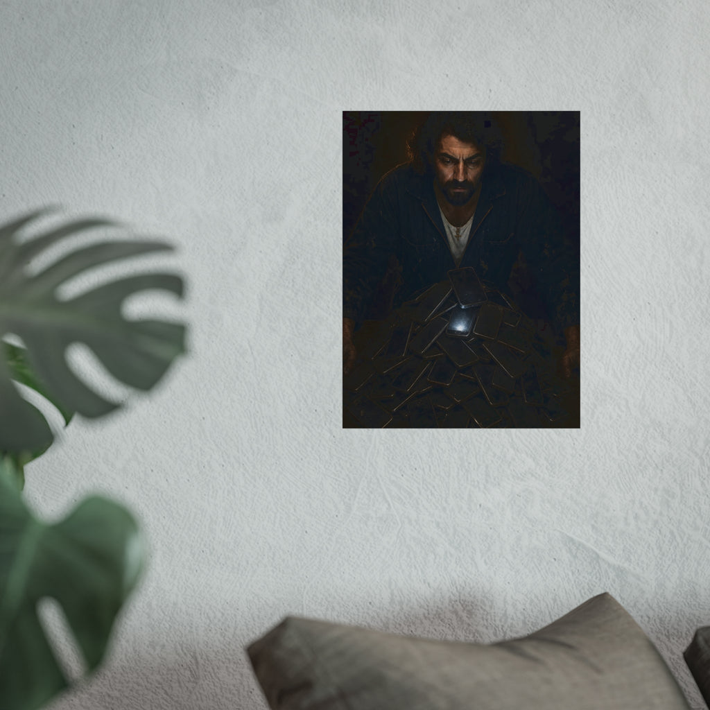 A bearded man leaning over a pile of dark phones, one screen lit. The Last Notification by Garabaggio, fine art print hanging in a room.