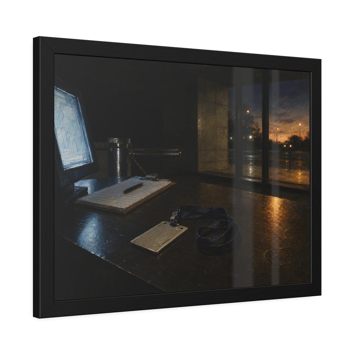 An ID badge and lanyard left on a security desk beside a lit monitor. The Badge on the Security Desk by Garabaggio, framed fine art print hanging in a room.