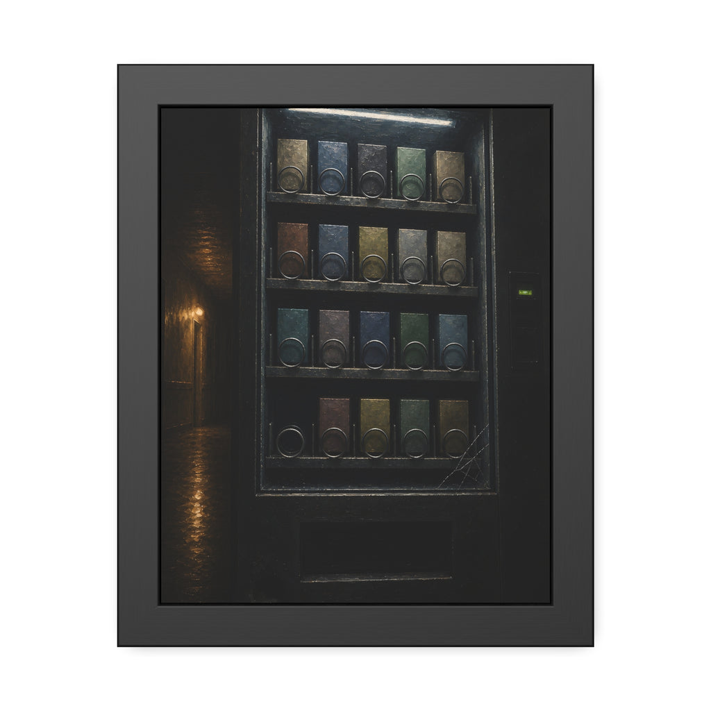 Rows of coils behind the lit glass of a vending machine in a dark hall. The First Empty Spiral by Garabaggio, framed fine art print, 11″ x 14″.