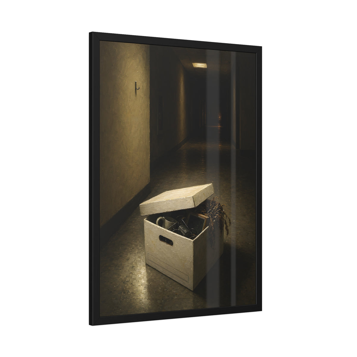 An open box of desk items on the floor of a dim office hallway. The Box of Personal Effects by Garabaggio, framed fine art print hanging in a room.