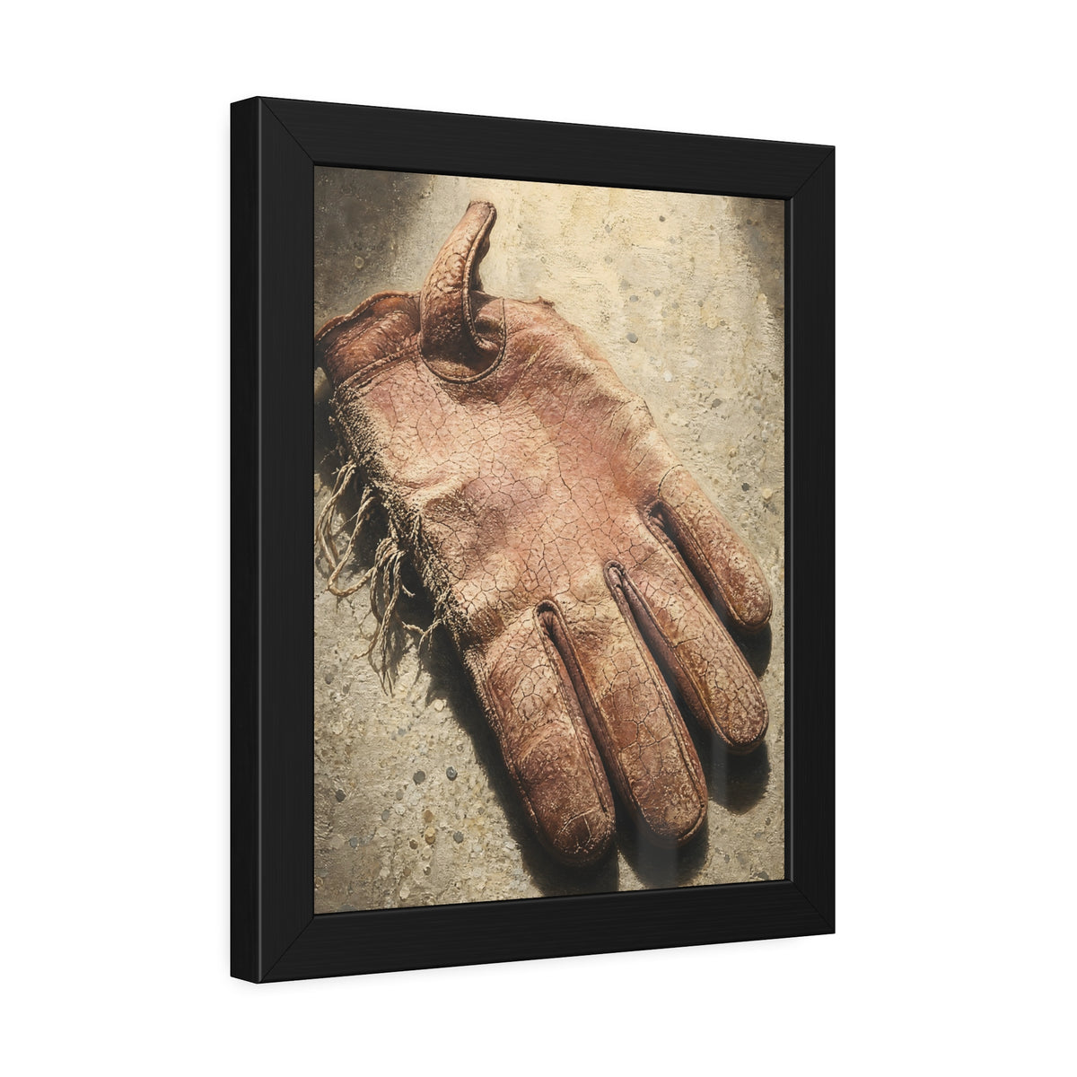 A cracked leather work glove lying on bright sunlit concrete. The Bleaching, Study of a Sun-Tired Glove by Garabaggio, framed fine art print hanging in a room.
