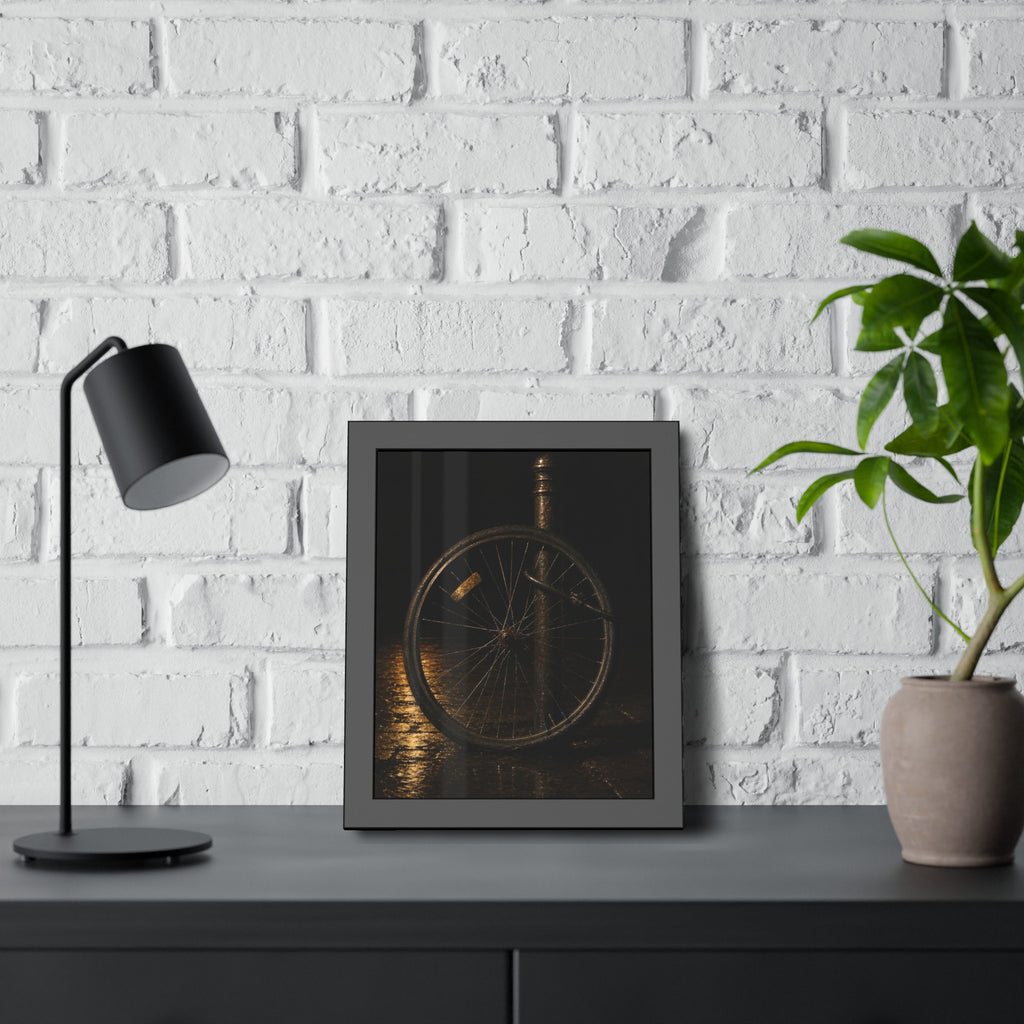 A bare bicycle wheel locked to a post on wet pavement. The Wheel Without a Bicycle by Garabaggio, framed fine art print hanging in a room.