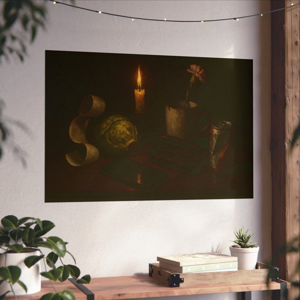 A candle, lettuce head, curled receipt and can on a dim table. Vanitas with Receipts and Wilted Lettuce by Garabaggio, fine art print hanging in a room.