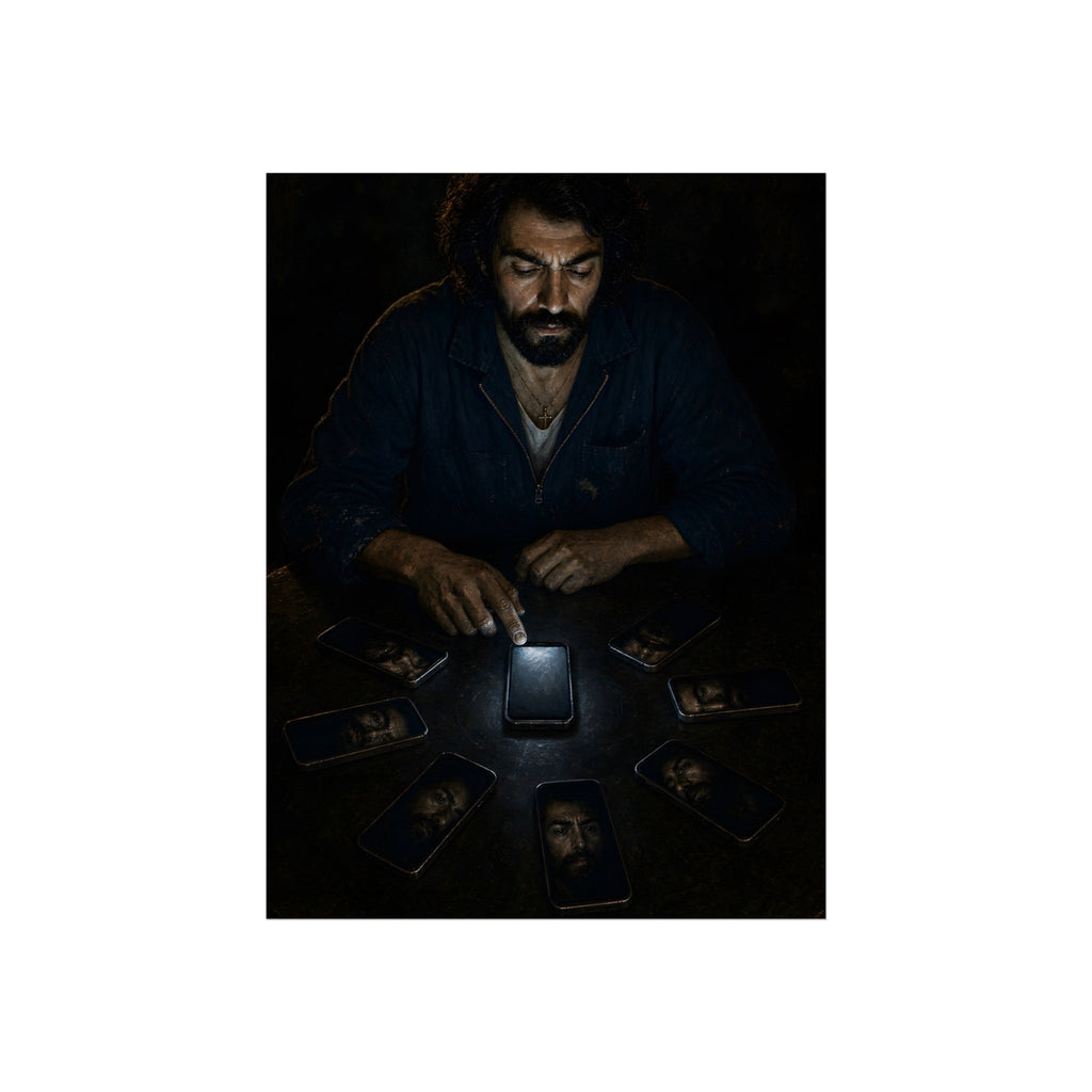 A bearded man at a dark table ringed by phones, one lit screen under his hand. The Congregation of Faces by Garabaggio, fine art print, 12″ x 16″.